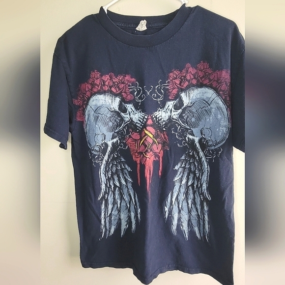 Alstyle Cyber Y2K Mall Goth Skull and Wings Short Sleeve Shirt, Size Medium - Picture 1 of 3